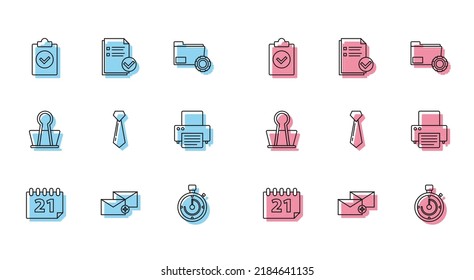 Set line Calendar, Envelope, Completed task, Briefcase, Tie, Printer, Binder clip and Document and check mark icon. Vector