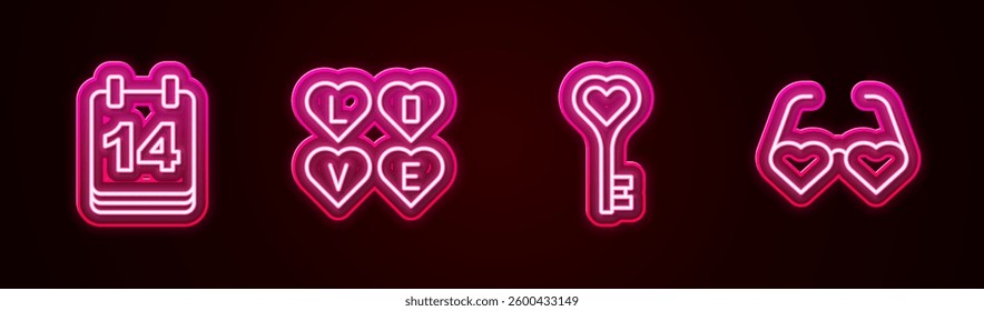Set line Calendar with February 14, Love text, Key in heart shape and Heart shaped love glasses. Glowing neon icon. Vector