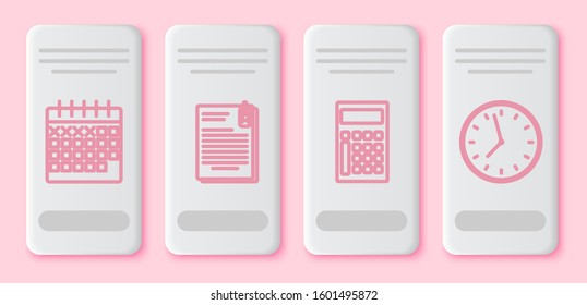 Set line Calendar, File document and paper clip, Calculator and Clock. White rectangle button. Vector