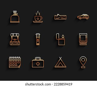 Set line Calendar, First aid kit, Camping gas stove, Tourist tent, Location, Flashlight, Open matchbox and matches and Lighter icon. Vector