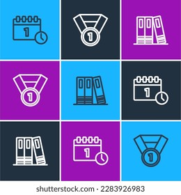 Set line Calendar first september date, Office folders and Medal icon. Vector