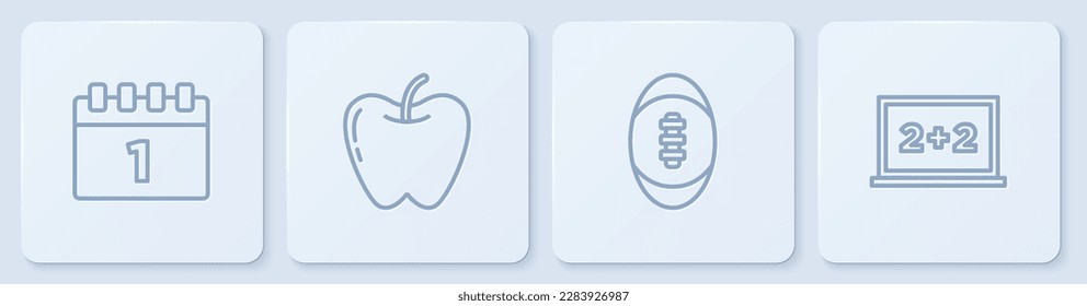 Set line Calendar first september date, American Football ball, Apple and Chalkboard. White square button. Vector