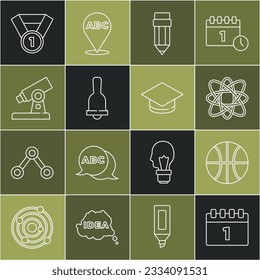 Set line Calendar first september date, Basketball ball, Atom, Pencil with eraser, Ringing bell, Microscope, Medal and Graduation cap icon. Vector