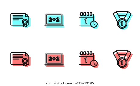 Set line Calendar first september date, Certificate template, Chalkboard and Medal icon. Vector