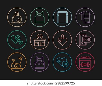 Set line Calendar fitness, Fitness app, Sport horizontal bar, Gym building, Dumbbell with heart, Broken weight, Heartbeat increase and Sleeveless t-shirt icon. Vector