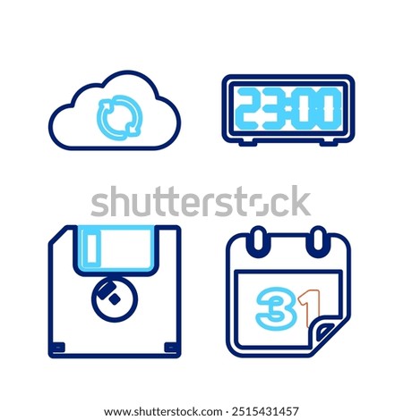 Set line Calendar, Floppy disk, Digital alarm clock and Cloud sync refresh icon. Vector