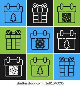 Legen Sie das Symbol Kalender, Kalender und Geschenkbox fest. Vektorillustration