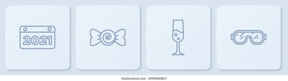 Set line Calendar, Glass of champagne, Candy and Ski goggles. White square button. Vector