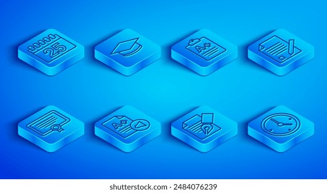Set line Calendar, Graduation cap, Exam sheet with A plus grade, and pencil, Certificate template and Clock icon. Vector