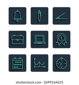 Set line Calendar, Graph, schedule, chart, diagram, Clock, Acute angle, Laptop, School backpack, Ringing bell and Medal icon. Vector