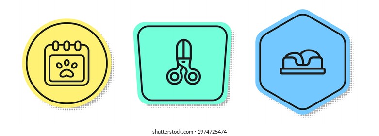 Set line Calendar grooming, Scissors hairdresser and Pet bed. Colored shapes. Vector