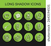 Set line Calendar with Halloween date 31 october, Pumpkin, witch cauldron, Ghost, Skull crossbones, Coffin christian, Funny and scary ghost mask for and Meat chopper icon. Vector