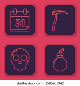 Set line Calendar with Halloween date 31 october, Skull , Scythe  and Bomb ready to explode . Blue square button. Vector