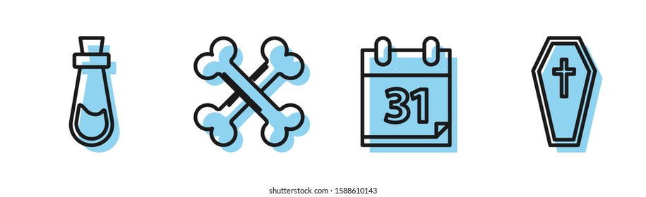Set line Calendar with Halloween date 31 october, Bottle with potion , Crossed bones  and Coffin with christian cross  icon. Vector