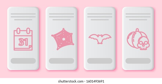Set line Calendar with Halloween date 31 october, Spider web , Flying bat  and Pumpkin and skull . White rectangle button. Vector