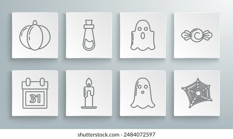Set line Calendar with Halloween date 31 october, Bottle potion, Burning candle, Ghost, Spider web, Candy and Pumpkin icon. Vector