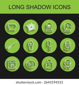 Set line Calendar with Halloween date 31 october, Pumpkin, witch cauldron, Ghost, Skull crossbones, Coffin christian, Funny and scary ghost mask for and Meat chopper icon. Vector
