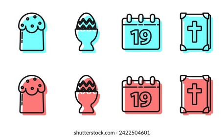 Set line Calendar with Happy Easter, Easter cake, Easter egg on a stand and Holy bible book icon. Vector