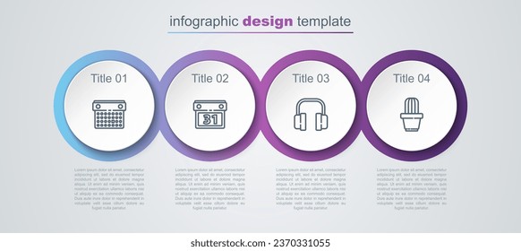 Set line Calendar, , Headphones and Cactus and succulent in pot. Business infographic template. Vector