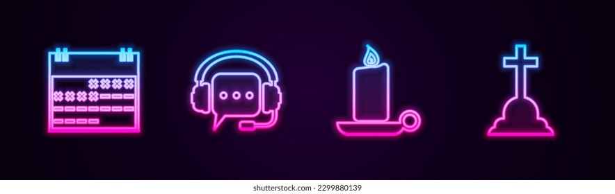 Set line Calendar, Headphones with speech bubble, Burning candle in candlestick and Tombstone cross. Glowing neon icon. Vector