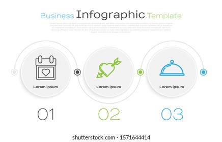 Set line Calendar with heart, Amour symbol with heart and arrow and Covered with a tray of food. Business infographic template. Vector