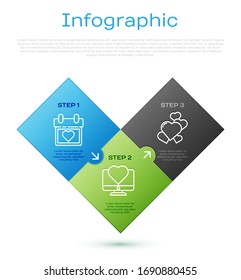 Set line Calendar with heart, Heart and Computer monitor with heart. Business infographic template. Vector
