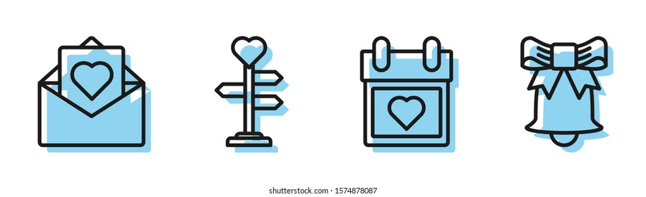 Set line Calendar with heart, Envelope with Valentine heart, Signpost with heart and Ringing bell icon. Vector