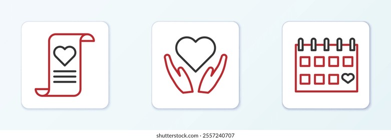 Set line Calendar with heart, Envelope Valentine and Heart hand icon. Vector