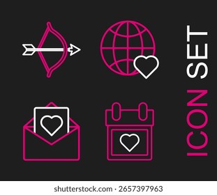 Establecer línea Calendario con corazón, sobre de San Valentín, el amor del mundo y arco y flecha icono. Vector