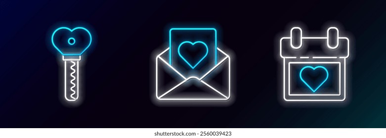 Set line Calendar with heart, Key in shape and Envelope icon. Glowing neon. Vector