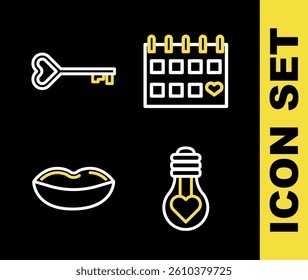 Set line Calendar with heart, Heart shape in light bulb, Smiling lips and Key icon. Vector