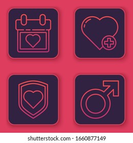 Fije la línea Calendario con el corazón, Corazón con escudo, Símbolo de género Corazón y Hombre. Botón cuadrado azul. Vector