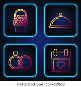Set line Calendar with heart, Wedding rings, Flowers in a basket and Covered with a tray of food. Gradient color icons. Vector