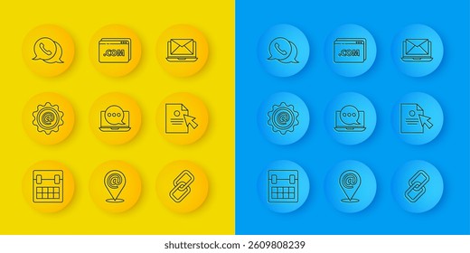 Set line Calendar, Mail and e-mail, Chat messages notification on laptop, Chain link, Document cursor, Telephone with speech bubble chat, Laptop envelope and Website template icon. Vector