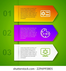Set line Calendar and marijuana leaf, Cookies with, Location cannabis and Marijuana joint. Business infographic template. Vector