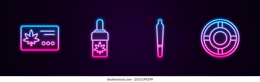 Set Linie Kalender und Marihuana Blatt, Marihuana oder Cannabis Olivenöl, Joint und Aschenbecher. Leuchtendes Neonsymbol. Vektorgrafik