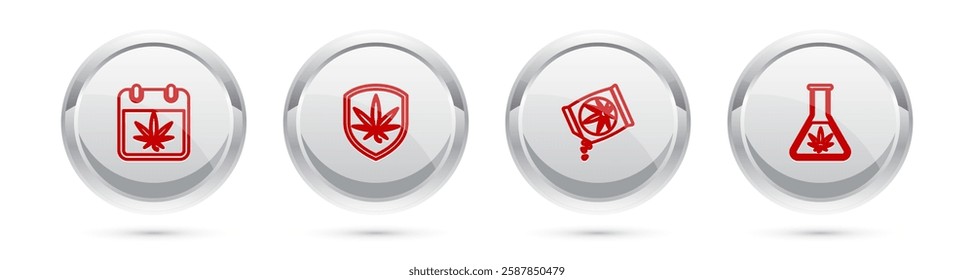 Set line Calendar and marijuana, Shield, Marijuana or cannabis seeds and Test tube with. Silver circle button. Vector