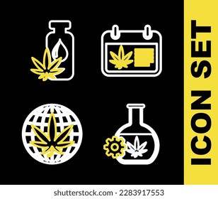 Set line Calendar and marijuana, Test tube with, Legalize and Marijuana or cannabis leaf oil icon. Vector