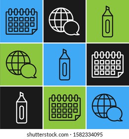 Set line Calendar, Marker pen and World map made from speech bubble icon. Vector