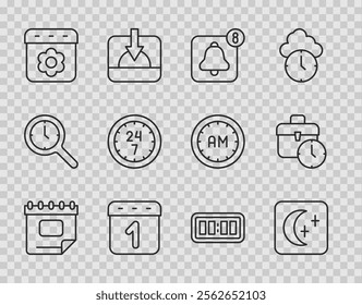 Set line Calendar, Moon and stars, Alarm clock app mobile, spring, Clock 24 hours, Digital alarm and Work time icon. Vector - Powered by Shutterstock - Get 15% off with code: PIKWIZARD15