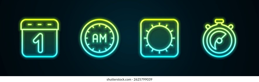 Set line Calendar, Morning time, Sun and Stopwatch. Glowing neon icon. Vector