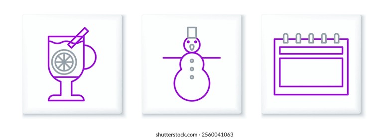 Set line Calendar, Mulled wine with glass of drink and Christmas snowman icon. Vector