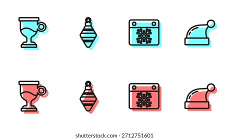 Fije el calendario de la línea, el vino caliente, la bola de la Navidad y el icono del sombrero de Santa Claus. Vector