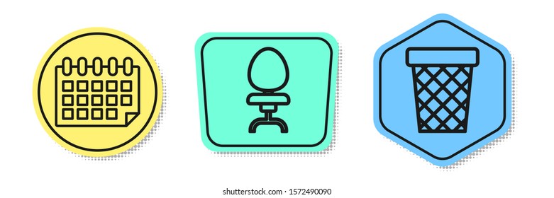 Set line Calendar, Office chair and Trash can. Colored shapes. Vector