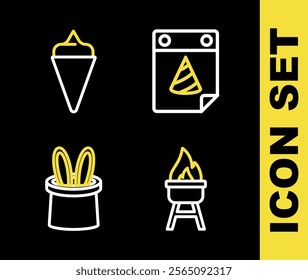 Set line Calendar party, Barbecue grill, Magician hat and rabbit ears and Ice cream in waffle cone icon. Vector