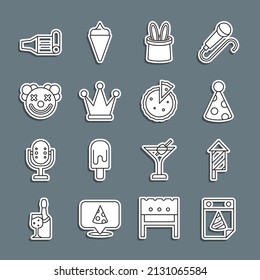 Set line Calendar party, Firework rocket, Party hat, Magician and rabbit ears, Crown, Clown head, Birthday horn and Homemade pie icon. Vector