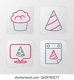 Set line Calendar party, Slice of pizza, Party hat and Muffin icon. Vector