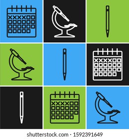 Set line Calendar, Pencil with eraser and Microscope icon. Vector