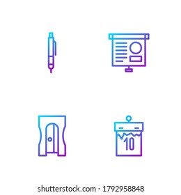 Set line Calendar, Pencil sharpener,  and Chalkboard with diagram. Gradient color icons. Vector