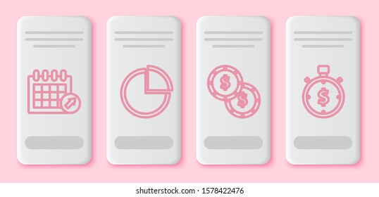 Set line Calendar, Pie chart infographic, Coin money with dollar symbol and Time is money. White rectangle button. Vector